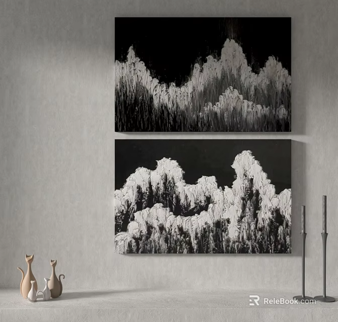 Black And White Mountain Paintings On Gray Wall With Ceramic Ornaments 3d model 
