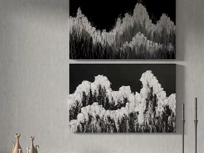 Black And White Mountain Paintings On Gray Wall With Ceramic Ornaments 3d model