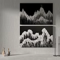 Black And White Mountain Paintings On Gray Wall With Ceramic Ornaments
