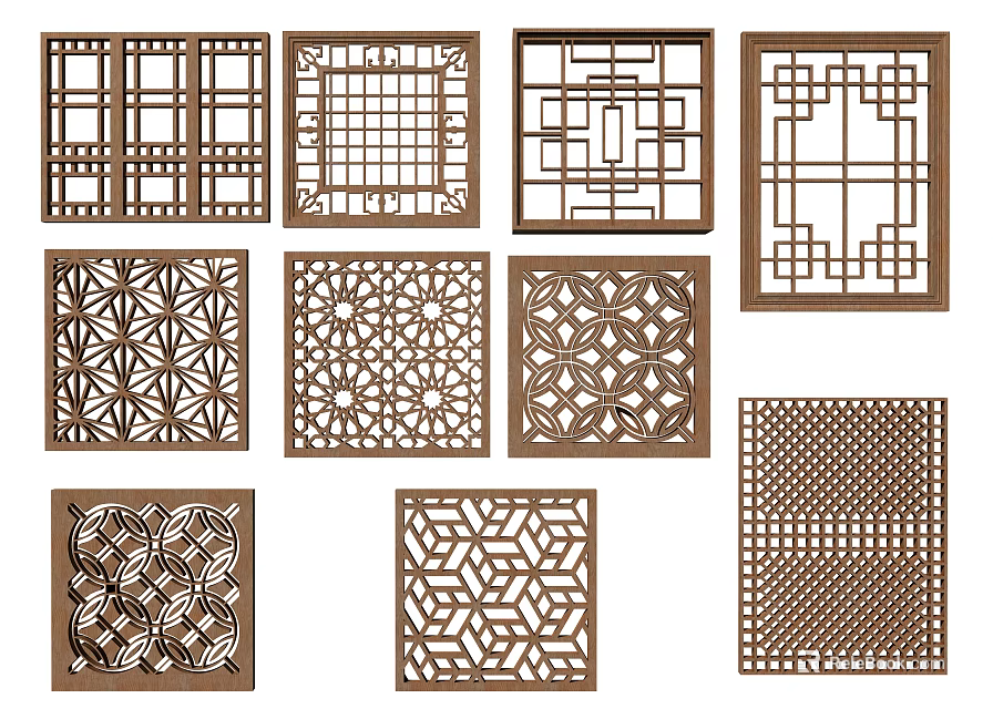 Wooden Carved Lattice Windows With Various Intricate Traditional Decorative Patterns 3d model 