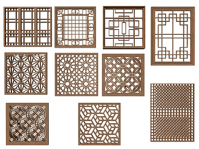 Wooden Carved Lattice Windows With Various Intricate Traditional Decorative Patterns 3d model