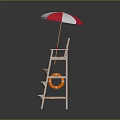 Wooden Multi Tiered Outdoor Furniture With Red And White Umbrella Seat And Storage Shelf