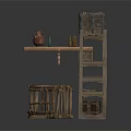 Rustic Wooden Furniture Set With Shelf Crate Baskets Clay Pot Small Bottles And Rope