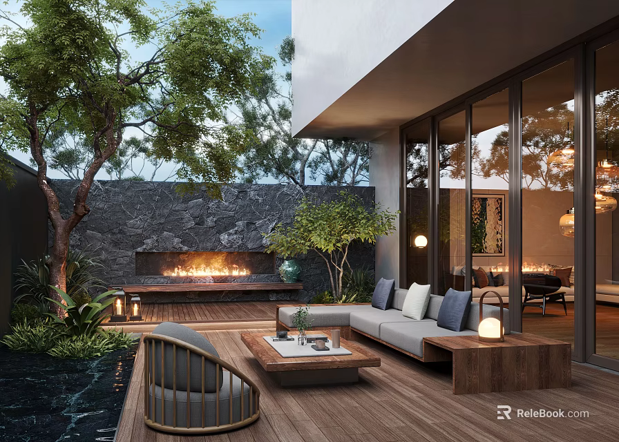 Tranquil Courtyard Garden Design With Wooden Deck Fireplace Sofa Glass Doors And Water Feature 3d model 