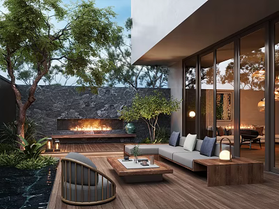 Tranquil Courtyard Garden Design With Wooden Deck Fireplace Sofa Glass Doors And Water Feature 3d model
