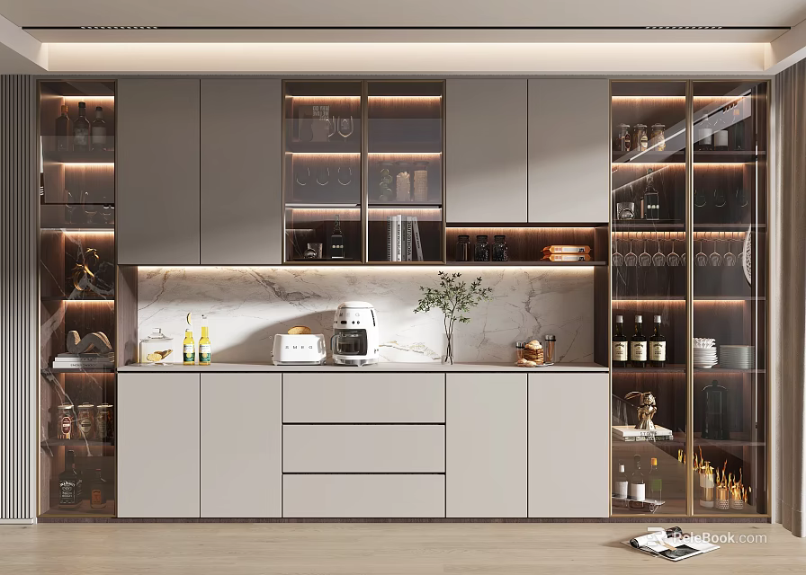 Modern Wine Cabinet with Glass Doors LED Lighting Marble Countertop for Wine Storage and 3d model 