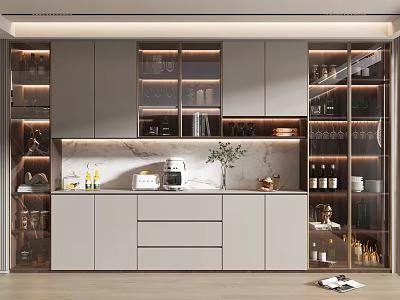 Modern Wine Cabinet with Glass Doors LED Lighting Marble Countertop for Wine Storage and 3d model