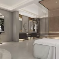 Modern Luxury Spacious Bathroom With Stone Accent Wall Embedded Bathtub And Separated Glass Shower Area