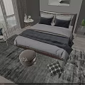 Modern Bedroom Interior With Double Bed Gray Bedding Area Rug Nightstand And Pendant Light