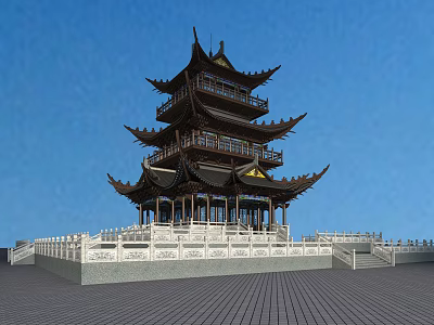 Traditional Chinese Multi Tiered Tower With Curved Eaves White Stone Base Railing And Blue Sky 3d model