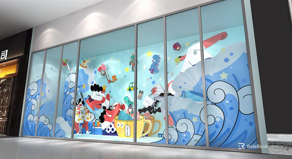 Vibrant Photo Spot With Glass Wall Colorful Cartoon Patterns Waves Stars And Cups 3d model 