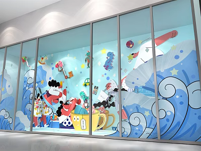 Vibrant Photo Spot With Glass Wall Colorful Cartoon Patterns Waves Stars And Cups 3d model