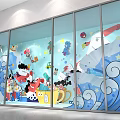 Vibrant Photo Spot With Glass Wall Colorful Cartoon Patterns Waves Stars And Cups