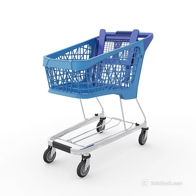 Commercial Shopping Cart With Blue Plastic Basket Metal Frame And Wheels For Retail Use 3d model 