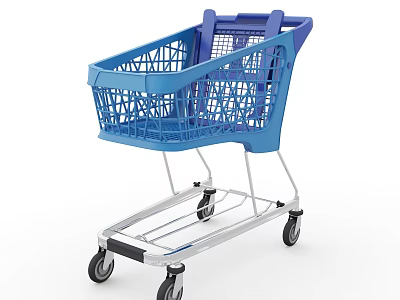 Commercial Shopping Cart With Blue Plastic Basket Metal Frame And Wheels For Retail Use 3d model