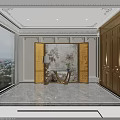Luxurious Elevator Hallway Interior Design With Marble Flooring And Decorative Wall Art 3d model