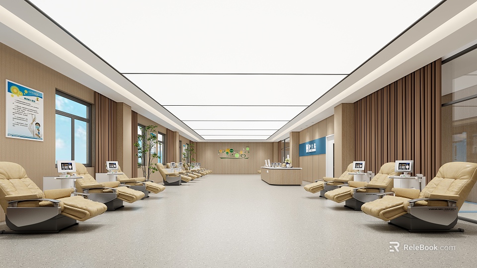 Bright Hospital Outpatient Waiting Area With Comfortable Seats Computer Screens Plants And Reception Desk 3d model 