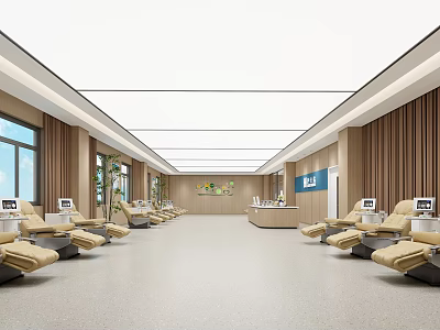 Bright Hospital Outpatient Waiting Area With Comfortable Seats Computer Screens Plants And Reception Desk 3d model
