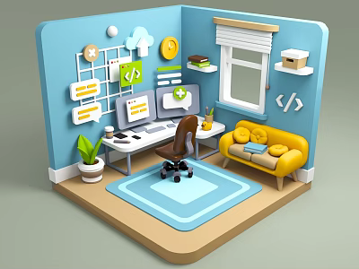 Cartoon Living Room Interior With Blue Walls Window Desk Computer Yellow Sofa And Rug 3d model