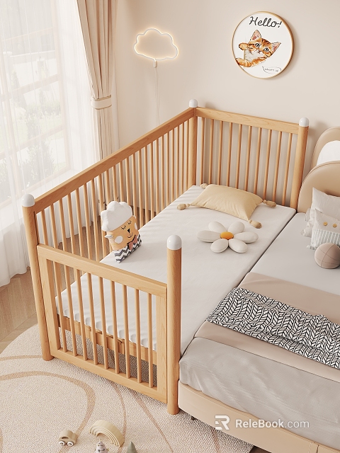 Wooden Kids Bed with Safety Rails White Mattress Soft Pillows Daisy Decorations in Bright Nursery Room 3d model 