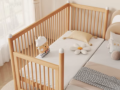 Wooden Kids Bed with Safety Rails White Mattress Soft Pillows Daisy Decorations in Bright Nursery Room 3d model