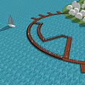 Waterfront Landscape Design Featuring Curved Wooden Boardwalk Sailboats Green Lawn And Blooming Trees