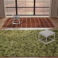 Brown and Green Square Carpets with Grid and Block Patterns in Indoor Space with Stools 3d model