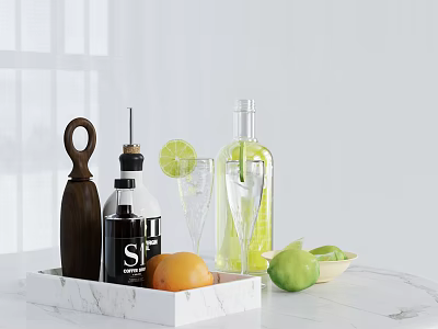 Modern Kitchen Countertop With Marble Tray Bottles Glasses And Citrus Fruits 3d model
