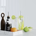 Modern Kitchen Countertop With Marble Tray Bottles Glasses And Citrus Fruits