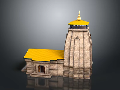 Traditional Temple Architecture With Yellow Roof Stone Walls And Golden Spire 3d model