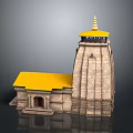 Traditional Temple Architecture With Yellow Roof Stone Walls And Golden Spire