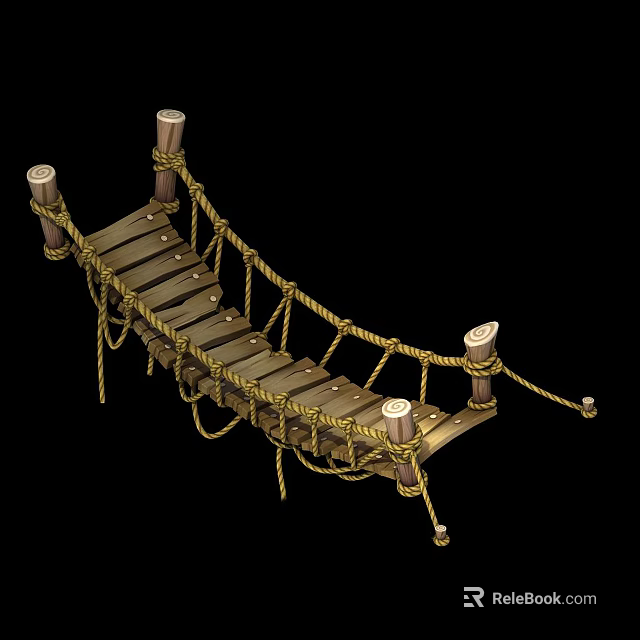 Traditional Rope Bridge with Wooden Planks and Rope Railings on Wooden Posts 3d model 