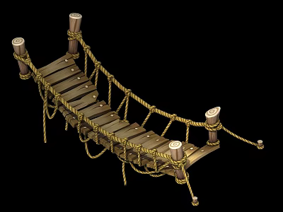 Traditional Rope Bridge with Wooden Planks and Rope Railings on Wooden Posts 3d model