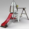 Outdoor Playground Equipment with Rocket Shaped Structure Wooden Swings Climbing Wall Slide and Star Decoration