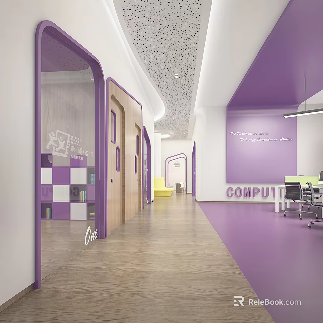 Modern Office Corridor With Purple Walls Glass Partitions Wooden Flooring Wall Text And Office Desks 3d model 