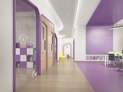 Modern Office Corridor With Purple Walls Glass Partitions Wooden Flooring Wall Text And Office Desks 3d model