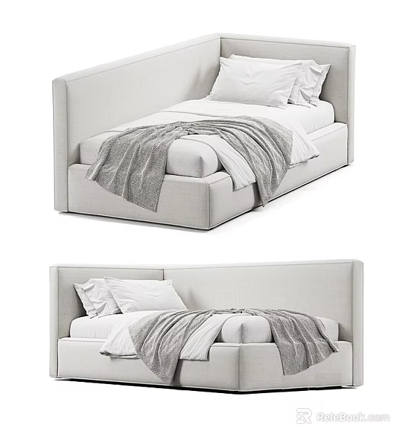 Modern Light Colored Single Bed Design With Pillows And Blankets 3d model