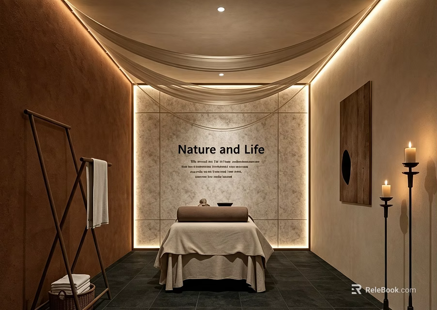 Beauty Salon Spa Treatment Space With Nature and Life Theme Massage Table Candles Towel Rack 3d model 