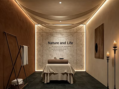 Beauty Salon Spa Treatment Space With Nature and Life Theme Massage Table Candles Towel Rack 3d model