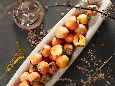Ceramic Vessel Filled With Fresh Persimmons Surrounded By Dried Flowers And Glass With Ice 3d model