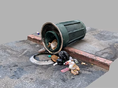 Tipped Over Public Trash Can With Scattered Garbage On Street Curb 3d model