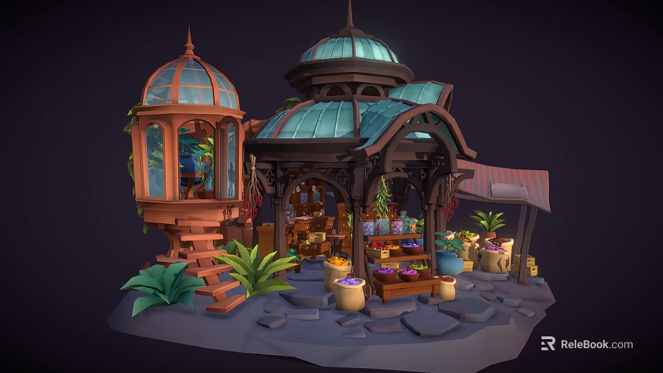 Enchanted Cartoon Greenhouse Scene With Wooden Gazebo And Potted Plants 3d model 