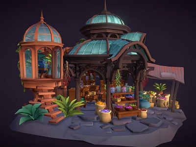 Enchanted Cartoon Greenhouse Scene With Wooden Gazebo And Potted Plants 3d model