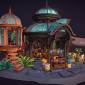 Enchanted Cartoon Greenhouse Scene With Wooden Gazebo And Potted Plants