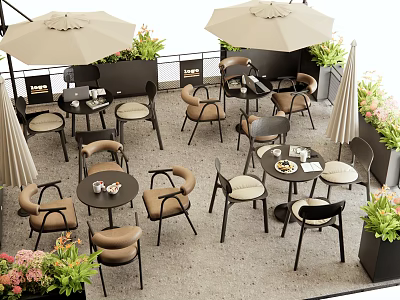 Elegant Outdoor Table Setup On Patio With Chairs Umbrellas And Potted Green Plants 3d model