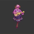 Traditional Folk Doll Figure Wearing White Blouse And Blue Decorative Skirt With Stringed Instrument