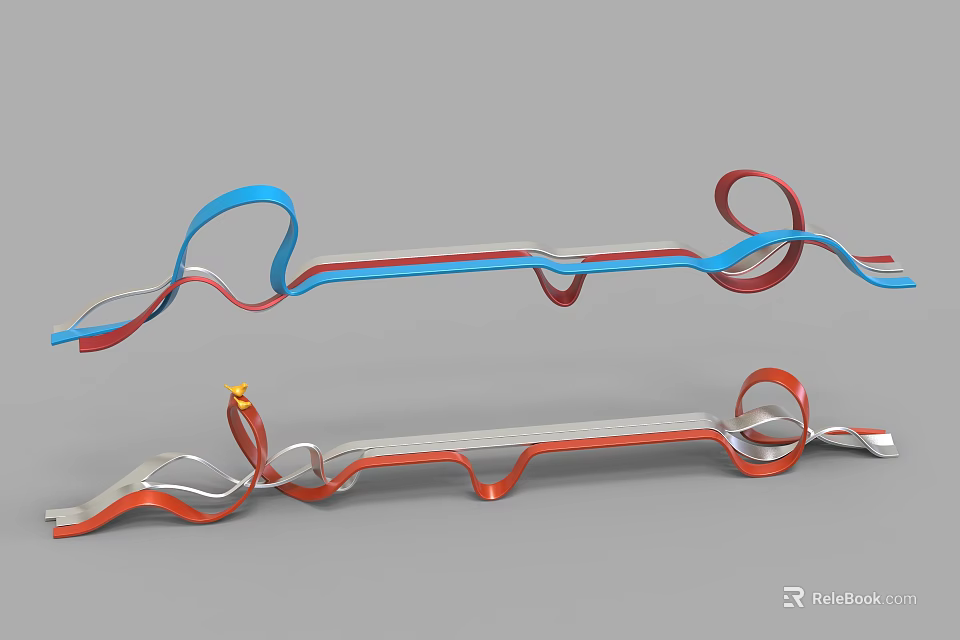 Modern Garden Landscape With Ribbon Like Curved Red Blue Paths And Structures 3d model 