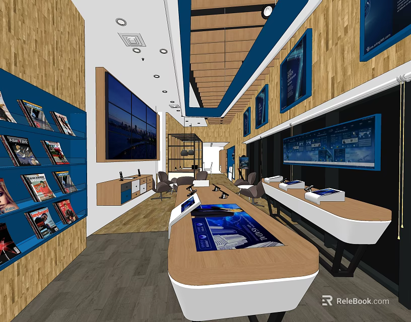 Modern Digital Store Interior Featuring Wooden Blue Decor Electronic Products Display And Large Screens 3d model 