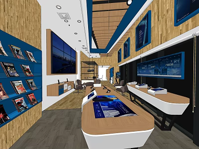 Modern Digital Store Interior Featuring Wooden Blue Decor Electronic Products Display And Large Screens 3d model