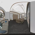 Elegant Modern Tea House Interior With Wooden Bookshelves Chandelier Long Table Sofa And Rug